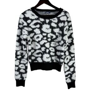 Freshman 1996 Leopard‎ Print Fuzzy Sweater Black & White Cropped Long Sleeves L